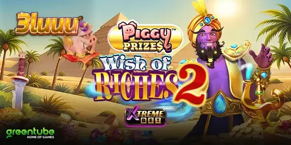 Tampilan visual slot Piggy Prizes Wish of Riches 2 dengan tema genie dan koin emas.